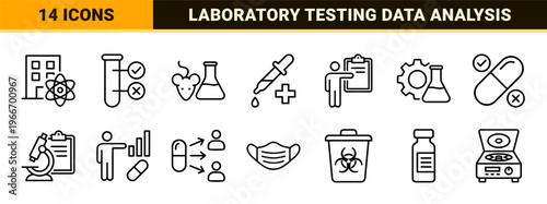 Clinical Trial and Medical Research Monoline Icon Set featuring Minimalist Geometric Line Art for Healthcare and Biotech Study.