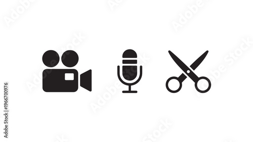Video Production Icons Set with Camera Microphone and Editing Scissors Symbols