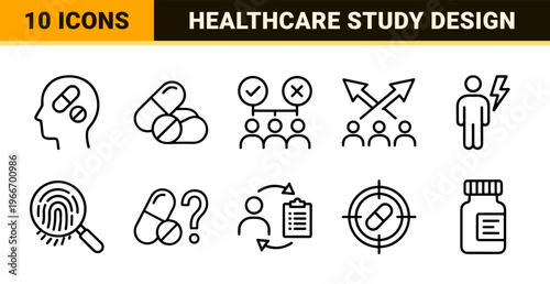 Clinical Research and Medical Study Minimalist Geometric Line Art Icons for Healthcare Data Analytics and Pharmaceutical Trials