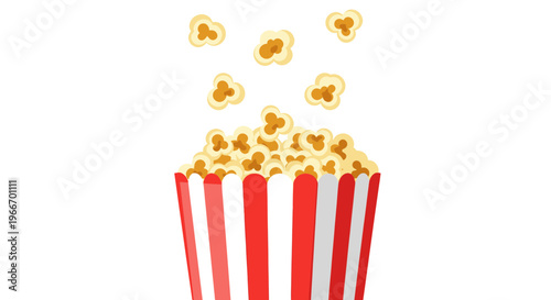 Colorful illustration of overflowing popcorn in a red and white striped bucket on a plain white background