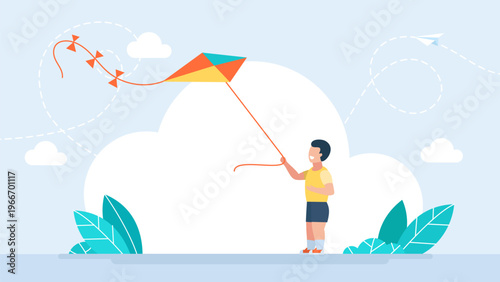 Happy little boy standing and flying a colorful kite in the blue sky, representing childhood dreams, summer outdoor activities, freedom and simple happiness of kids. Vector illustration.