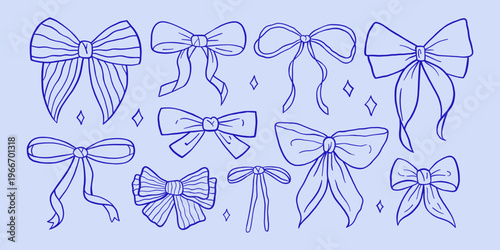 Vector set of elegant line art bow ribbon illustration in outline. Hand drawn decorative bow collection for wedding invitation, gift packaging, fashion clipart, sticker and festive celebration design.