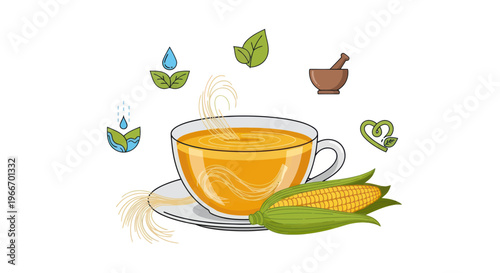 Herbal corn silk tea illustration with cup saucer corn on the cob and healthy symbols