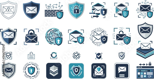 Cyber Security and Data Protection Icon Set with Shield Symbols, Encryption Systems, Network Safety, Privacy Controls, and Digital Defense Interface Elements Collection.