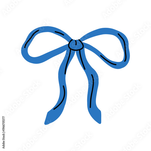 Vector hand drawn blue ribbon bow with flowing tails. Cute coquette bow clipart for branding, wedding stationery, social media icon, planner decoration, gift tag and sticker design.
