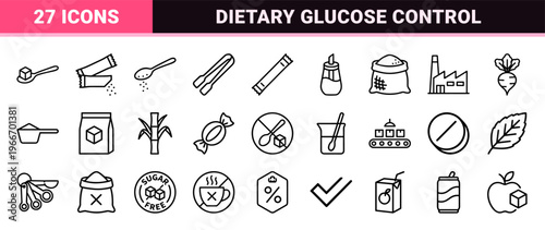 Sugar and Sweetener Production Minimalist Line Art Set Featuring Glucose Control, Baking Ingredients, and Refined Carbohydrate Outline Symbols