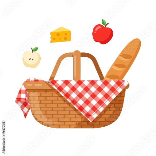 A classic wicker picnic basket filled with fresh food, perfect for outdoor summer celebrations and gatherings