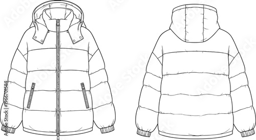 Hooded puffer jacket front and back view technical fashion illustration, winter outerwear clothing mockup, insulated coat template for apparel design