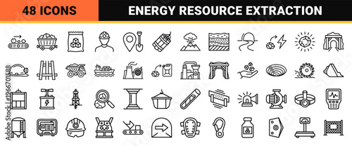 Heavy Industry Coal Mining Icon Set featuring Minimalist Monoline Symbols for Energy Extraction, Excavation, and Mineral Processing Logistics