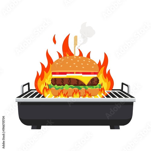 A large, juicy burger sizzling on a barbecue grill, engulfed in flames, perfect for a summer cookout