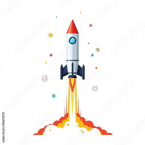 A cartoon rocket launching into space with colorful smoke and stars against a white background