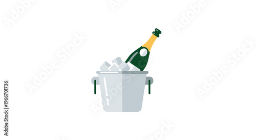 Green Sparkling Wine Bottle in Ice Bucket Cooler Isolated White Background