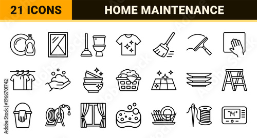 Housework and Domestic Maintenance Minimalist Monoline Outline Icon Set, Geometric Home Cleaning and Chore Line Art Symbols