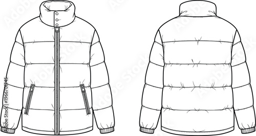 Puffer jacket front and back view outline template, winter padded coat apparel mockup isolated on white background vector illustration