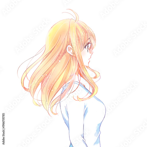 髪がなびく無表情の女性　横側