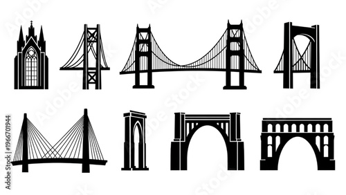 Collection of different bridge structures and architectural designs in black and white