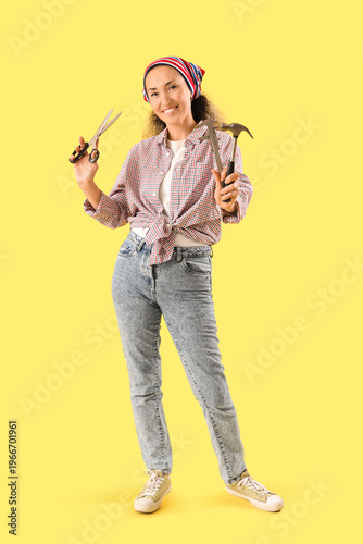 Female shoemaker with tools...