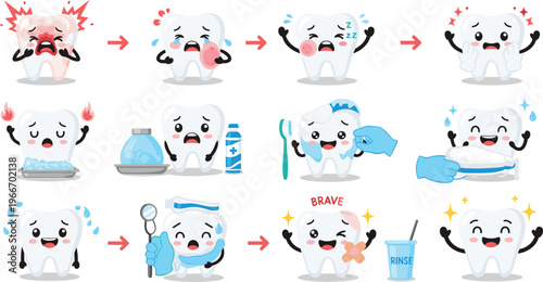 Cute Tooth and Oral Health Icon Set with Toothache Relief, Brushing, Flossing, and Dental Care Steps for Healthy Teeth.