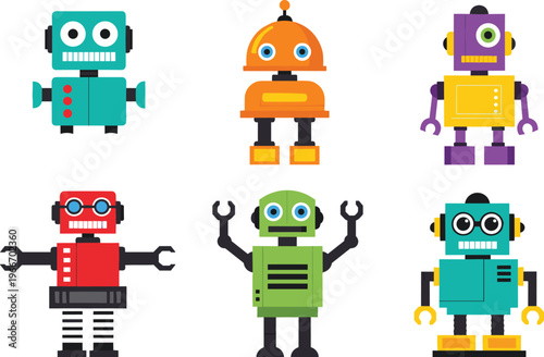 Cute robot characters set, colorful cartoon robots toy android collection artificial intelligence kids vector illustration isolated design icons
