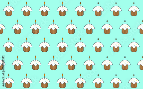 PrintCozy seamless background pattern featuring charming cartoon Easter bread loaves with lit candles against a gentle blue backdrop. A warm and inviting design suitable for traditional holiday decora