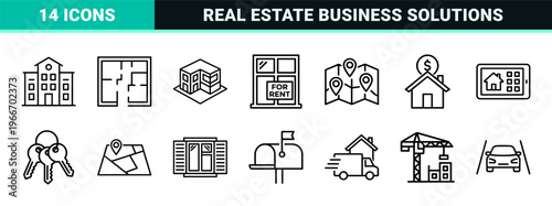 Real Estate and Property Management Minimalist Monoline Icon Set featuring Geometric Line Art for Commercial Housing and Mortgage Services