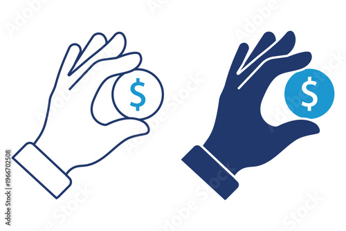 Hand Holding Dollar Coin Icon Set in Line and Glyph Style, Flat Vector Symbol for Payment, Finance, Business, Investment, Money, UI UX, Web App Design. Money Saving Symbols with Dollar Sign Investment