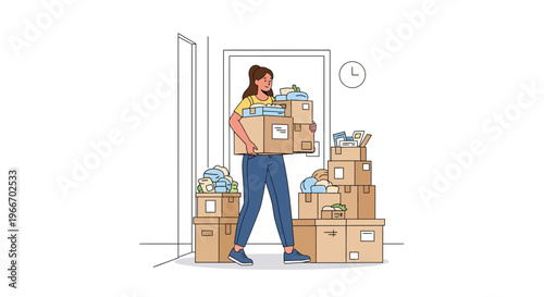 Young woman carrying and organizing many cardboard boxes during a move