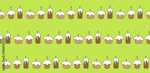 Vibrant seamless background showcasing different sizes of cute cartoon Easter bread loaves, each topped with a lit candle, against a fresh green field. An energetic and abundant design ideal for baker