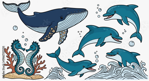 Detailed illustration of marine life featuring a blue whale, playful dolphins, and two seahorses among coral, with bubbles and waves.