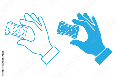 Paying Cash Hand Vector Icon Set, Minimal Outline and Solid Black Dollar Bill Banknote Illustrations for Financial Investments, Business Payments, and Banking Web UI. Financial Planning , Budget Cuts.