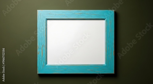 Empty turquoise wooden frame with a blank white space, ready for your picture, photo, or artwork, hanging on a dark green wall in a minimalist interior setting