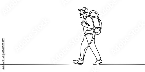 Single continuous line drawing direction pointer hiker man backpacks hiking traveling and tourism. Trekking wild nature recreation and sport backpacking trip. one line Icon drawing.