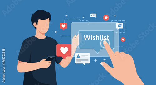 Person interacting with a digital wishlist interface on a smartphone, representing online shopping and user engagement