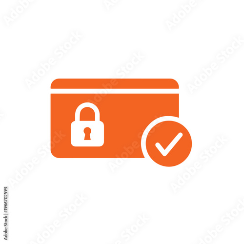 Orange simplified payment card illustration shows a white padlock icon positioned over the magnetic stripe area with a checkmark.