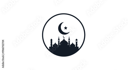 Circular icon featuring a dark silhouette of a mosque with a crescent moon and star, representing Islamic culture and worship, on an isolated white background.