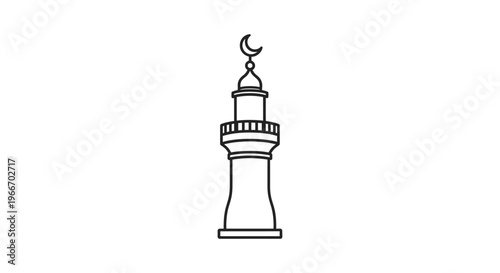 Outline illustration of an Islamic minaret with a crescent moon on top, symbolizing mosque architecture and Muslim faith, on an isolated white background.