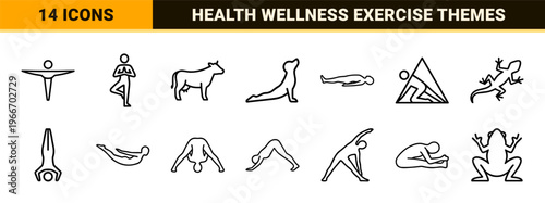 Minimalist Yoga Poses Line Art Set Featuring Geometric Asana Silhouettes and Mindfulness Stretching Symbols in Monoline Aesthetic