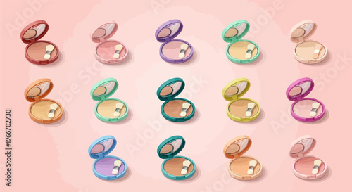 A collection of colorful compact powder cases with brushes, arranged in rows on a soft pink background.