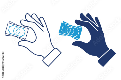 Hand Giving Money Vector Icon Set, Black Line Art and Solid Silhouette Dollar Bill Illustrations for Salary, Financial Transactions, Charity Donations, and Mobile App UI. Two-Tone Blue Vector Assets