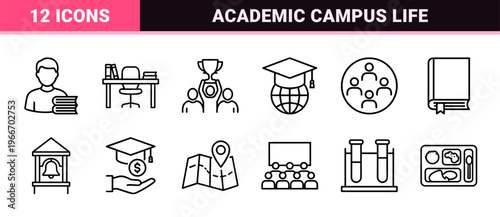 Higher Education and Academic Campus Life Minimalist Monoline Icon Set Featuring Geometric Line Art for University and College Learning.