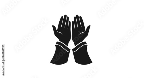 Black silhouette of two hands held up in prayer or devotion, symbolizing spirituality and faith, on an isolated white background.