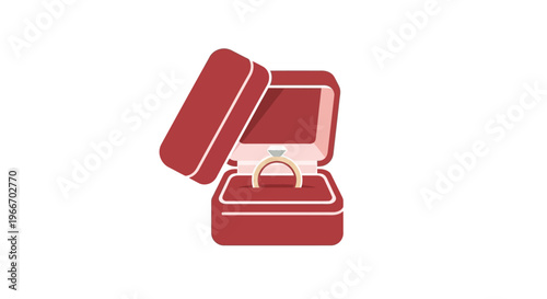Shiny engagement ring with a diamond in an open red jewelry box, symbolizing proposal and commitment, on an isolated white background.