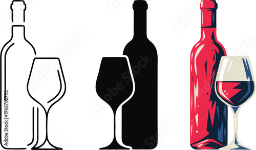 Isolated on a white background, a red wine bottle and glass sit ready for a celebration, showcasing a sleek silhouette of the liquid beverage perfect for a restaurant or winery setting