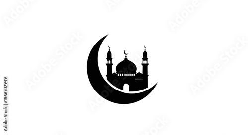 Mosque Silhouette on Crescent Moon Symbol, isolated white background