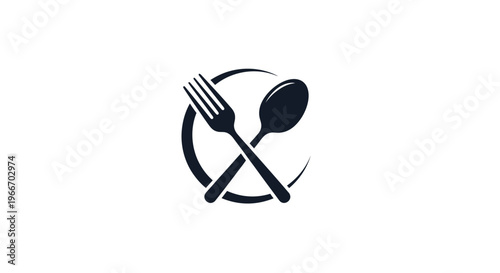 Crossed Fork and Spoon Cutlery Icon in Circle, isolated white background