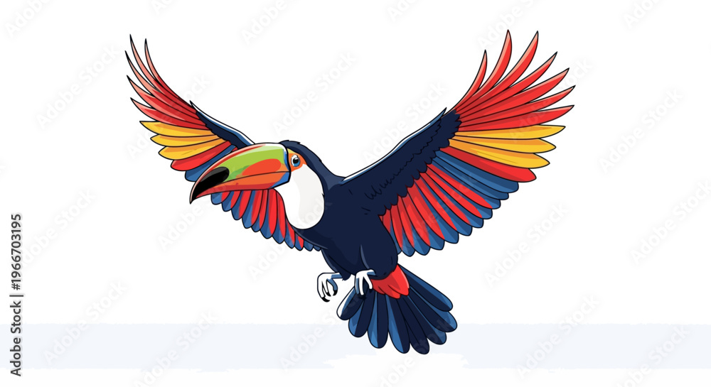 Fototapeta premium Colorful toucan in flight with vibrant plumage on transparent background silhouette