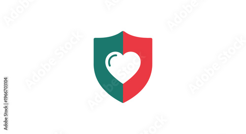 Green and Red Shield with White Heart Icon for Health Protection and Care on Isolated White Background