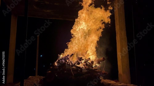 Traditional Last Rites Ceremony in India – Funeral Pyre at Cremation Ground 