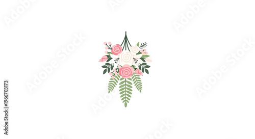 Upside Down Elegant Floral Bouquet Illustration with Pink Flowers and Greenery on Isolated White Background