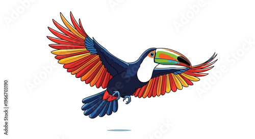 Colorful toucan in flight vibrant plumage on transparent background silhouette